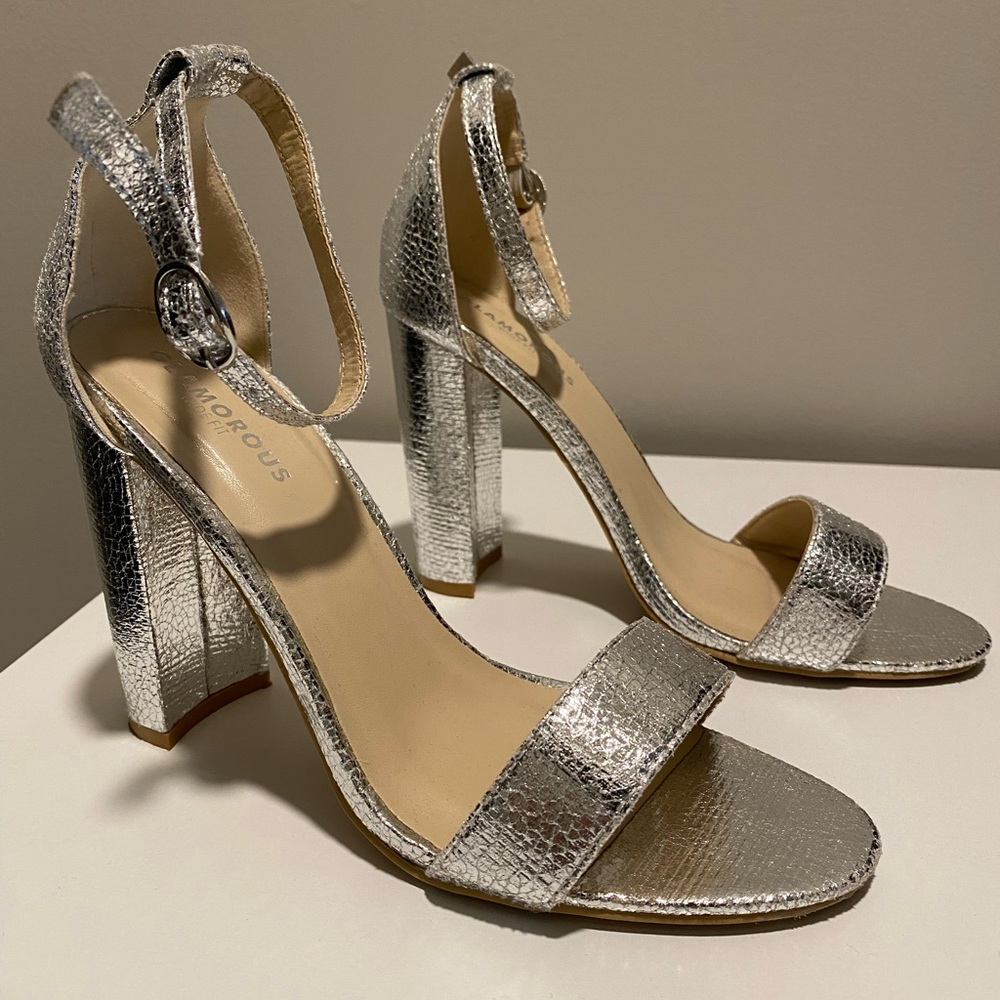 Glamorous Ceara Wide Fit Silver Ankle Strap Heels - Picture 8 of 10